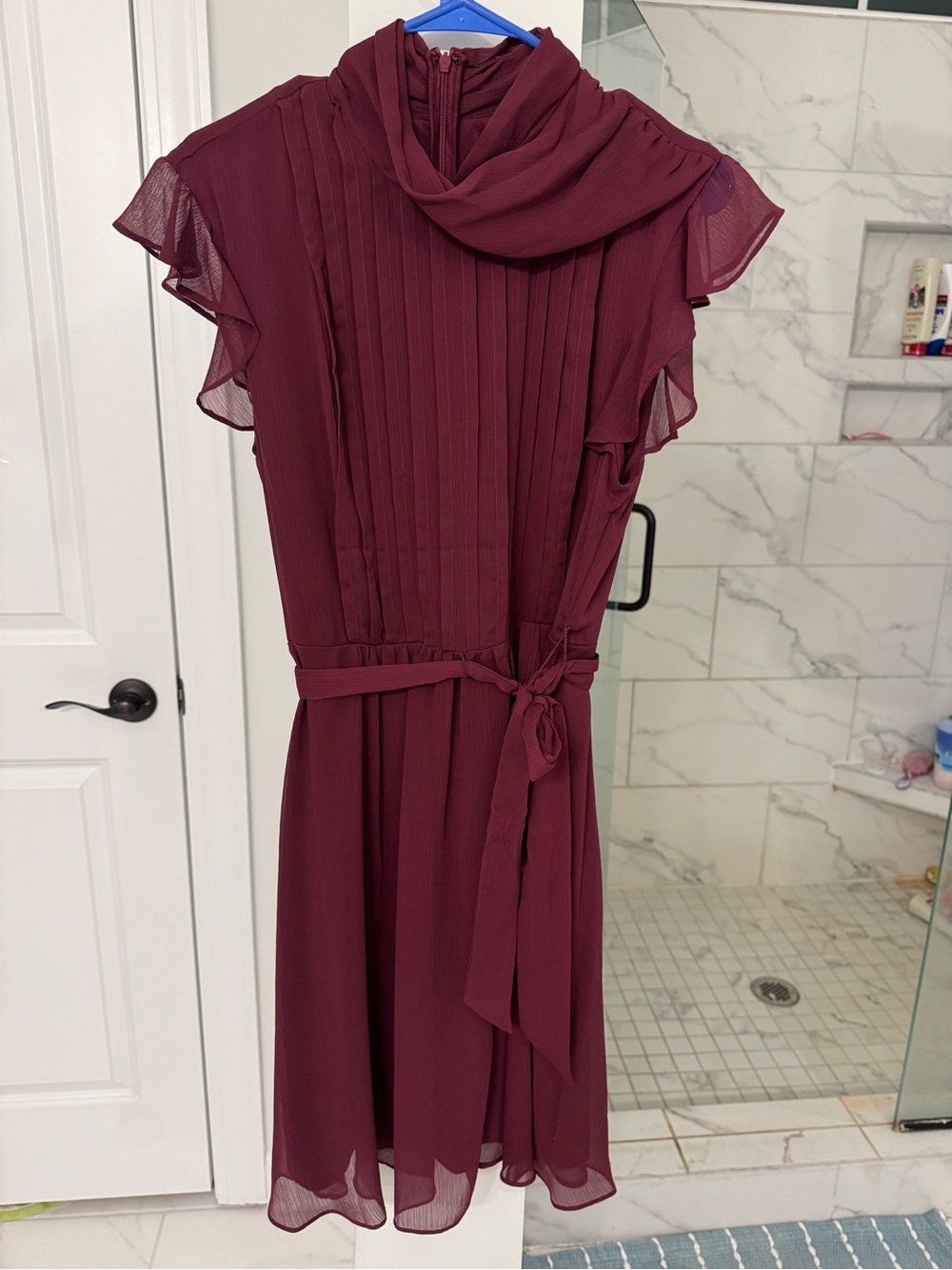 DKNY Women's Burgundy Pleated Belted Midi Dress